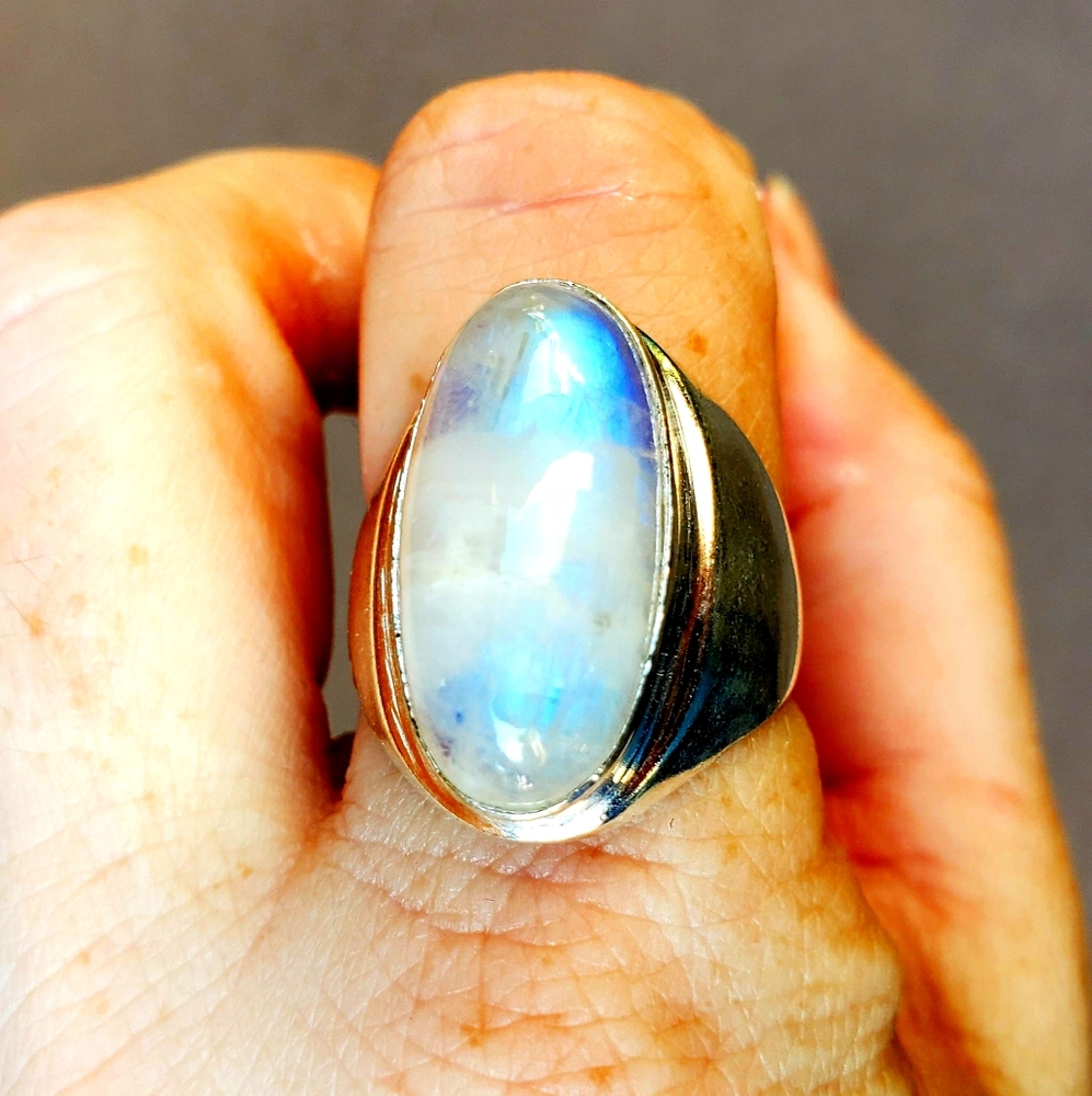 New Men's Rainbow Moonstone 925 Silver Ring.